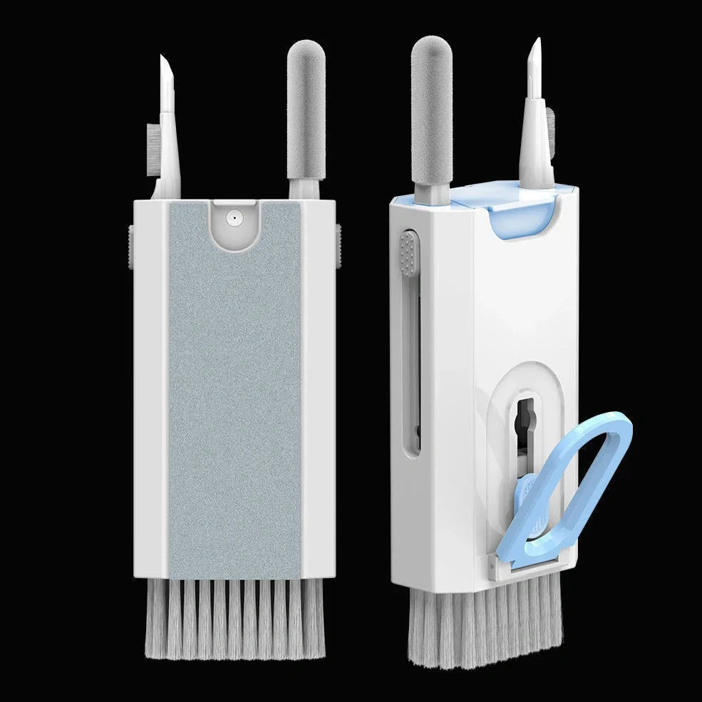 White 8-in-1 cleaning kit with ABS plastic case measuring 9cm showing keyboard, phone, lens, and earbud cleaning tools