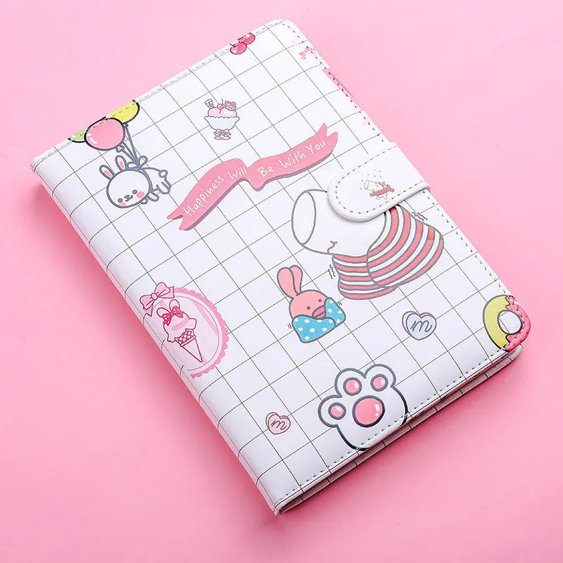 Small white Kaba Bear Hippo notebook with magnetic buckle, girl heart design, showing 224 pages and PU cover.