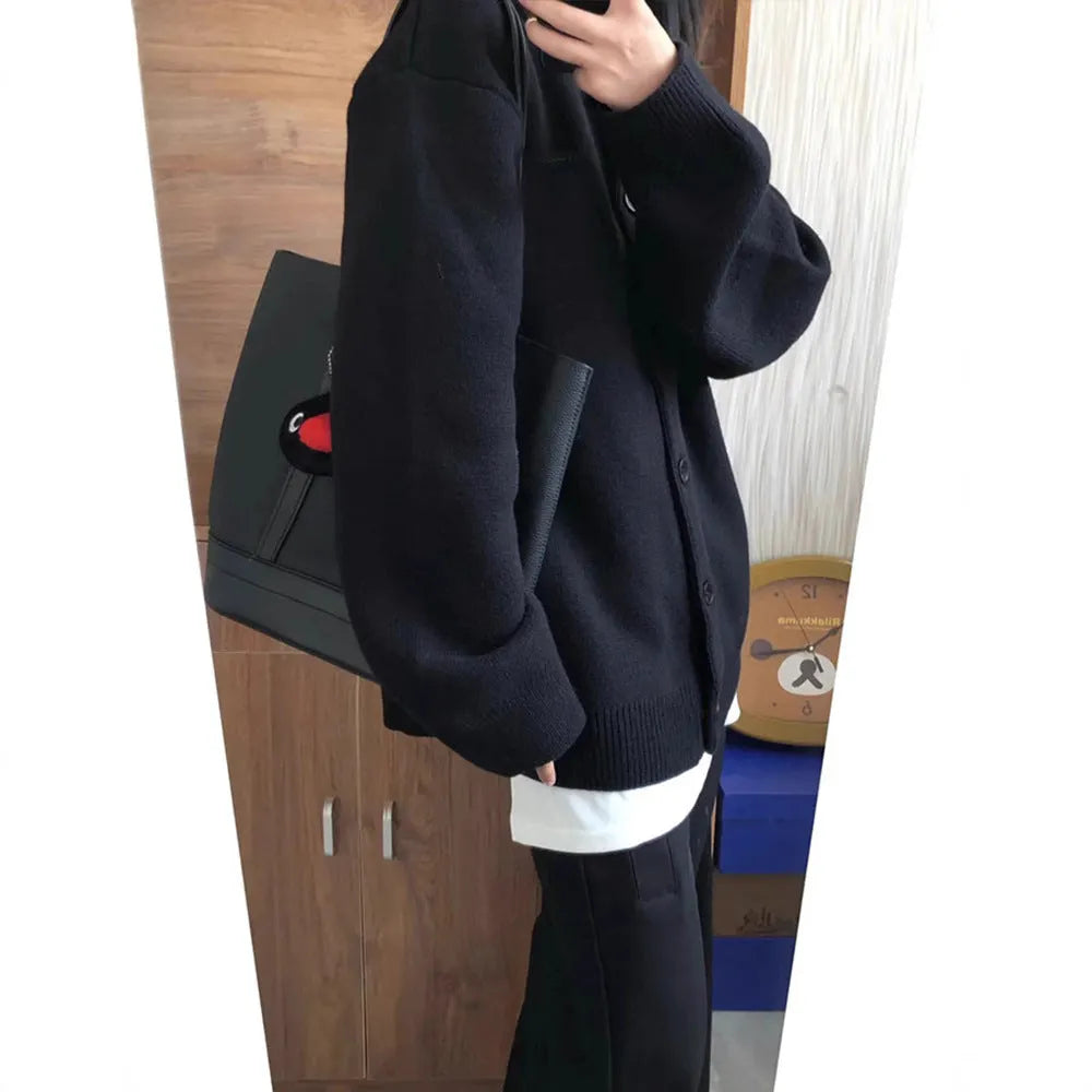 Black cotton cardigan sweater coat for women, long sleeves, medium thickness, Japanese Korean style, sizes S to XL