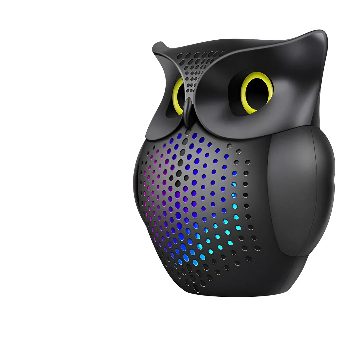Black cartoon owl design wireless Bluetooth speaker on a surface.