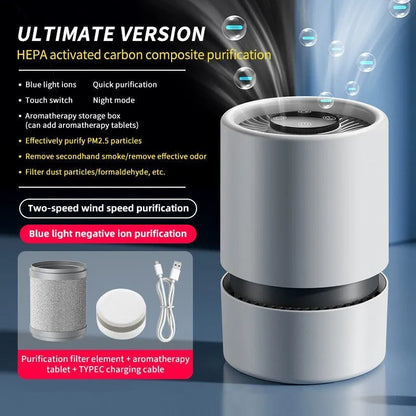 White desktop air purifier with USB cable on a wooden desk