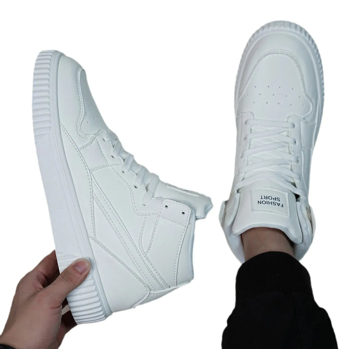 Men's white casual shoes with round toe design and microfiber upper, shown in size 42 on neutral background
