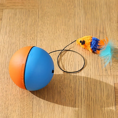Interactive cat toy ball with blue and orange plush mouse measuring 8.5cm × 8.5cm × 9cm