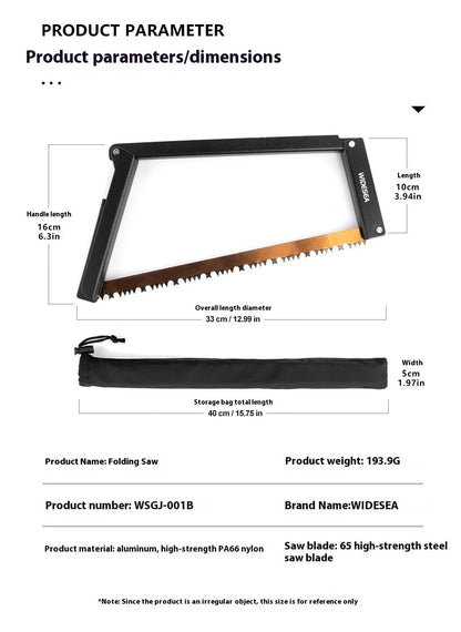 Black outdoor foldable saw with aluminium handle shown in open and closed positions.