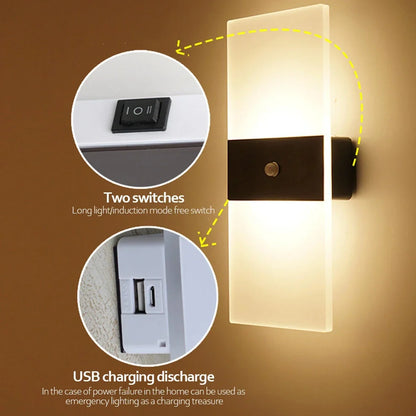 Black right-angle motion-sensing wall lamp with USB charging port and acrylic shade