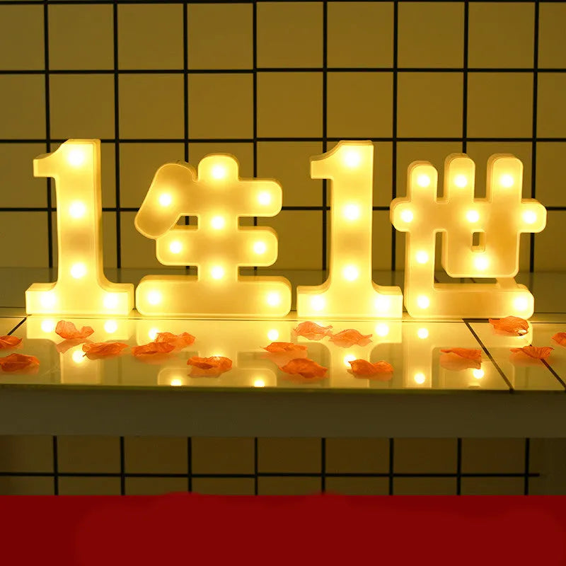 Plastic LED alphabet letter light spelling a message for a birthday or proposal.