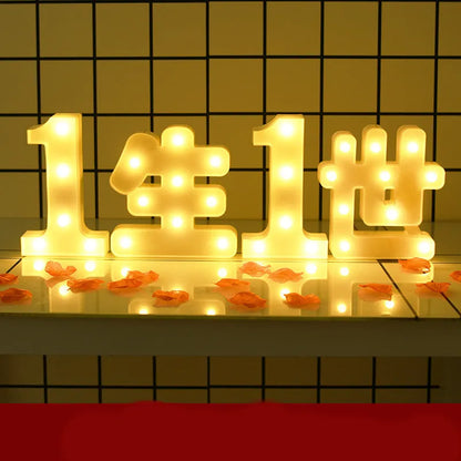 Plastic LED alphabet letter light spelling a message for a birthday or proposal.