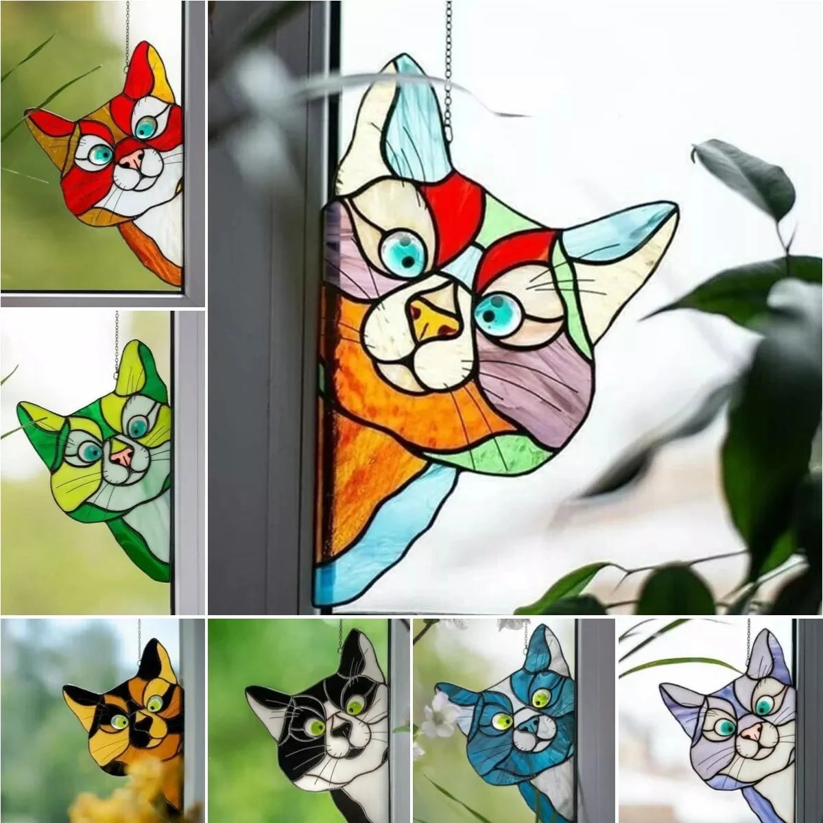 Colorful PVC cat window sticker with double-sided design for home and car decoration