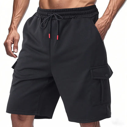 A pair of light grey heavy loose casual sports cargo shorts with multiple pockets on a mannequin.