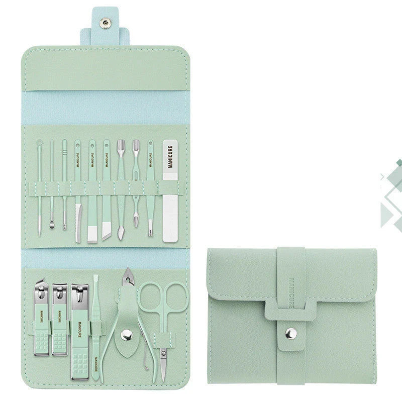 Premium 16-piece manicure set with sleek leather case, including nail clippers, scissors, tweezers, and other grooming tools