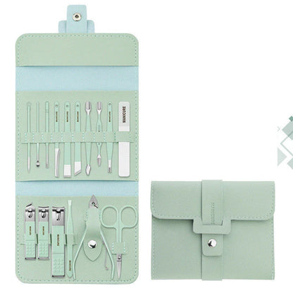 Premium 16-piece manicure set with sleek leather case, including nail clippers, scissors, tweezers, and other grooming tools