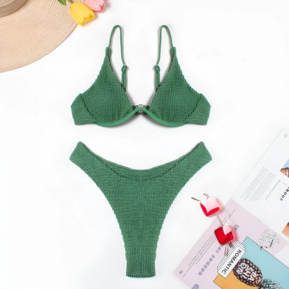 Women's green solid colour ruffle split bikini suit, two-piece polyester swimwear with top and briefs, sizes S M L