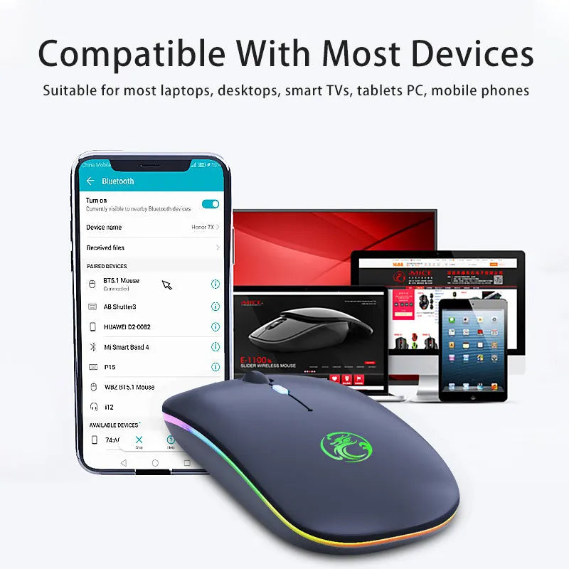 Black or white wireless silent mouse with charging light, dimensions 112x57x25mm, showing adjustable DPI switch.