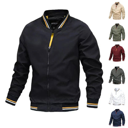 Men's striped zip-up jacket with pockets, available in multiple color options and sizes