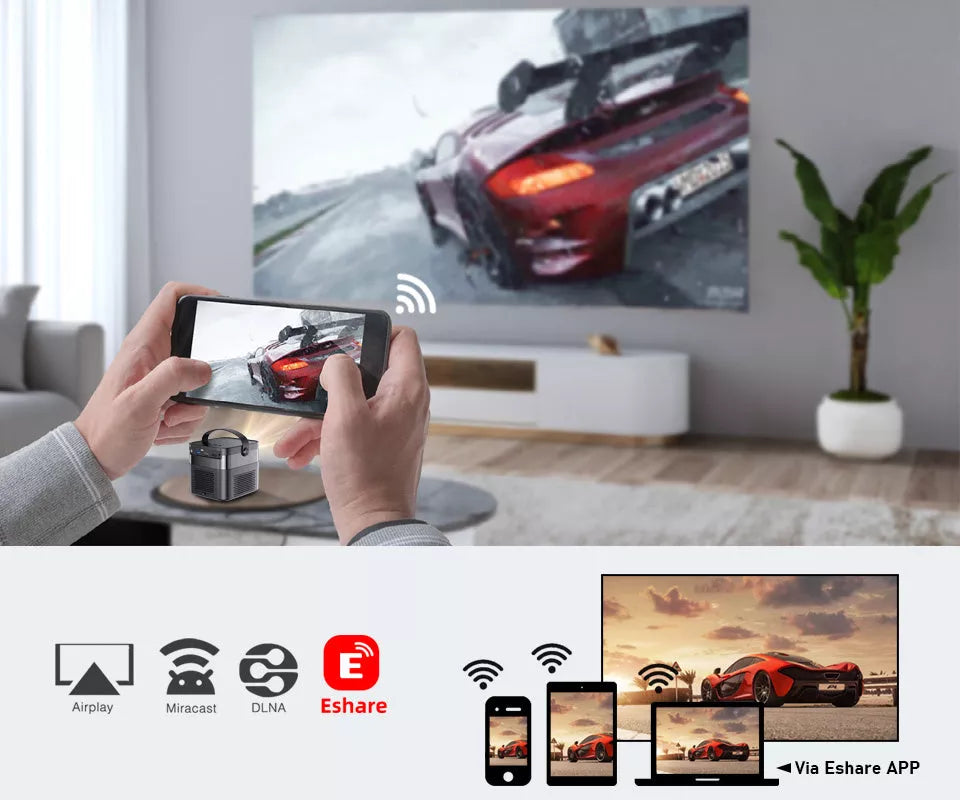 Rechargeable HD 3D Home Theater Projector displaying a movie on a large screen