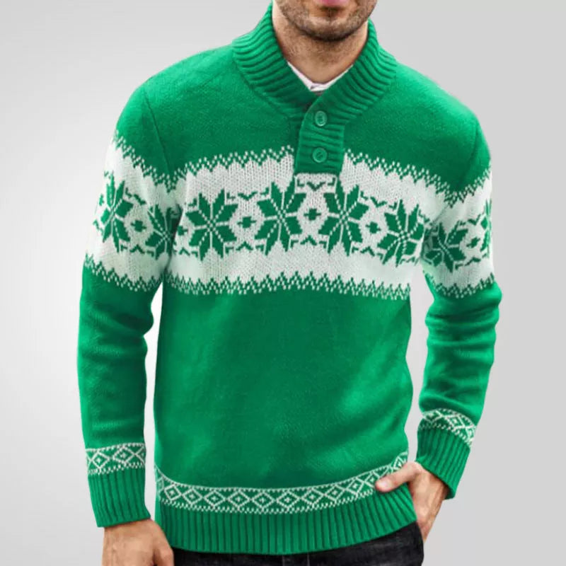 Men's green jacquard knitted pullover sweater for autumn and winter