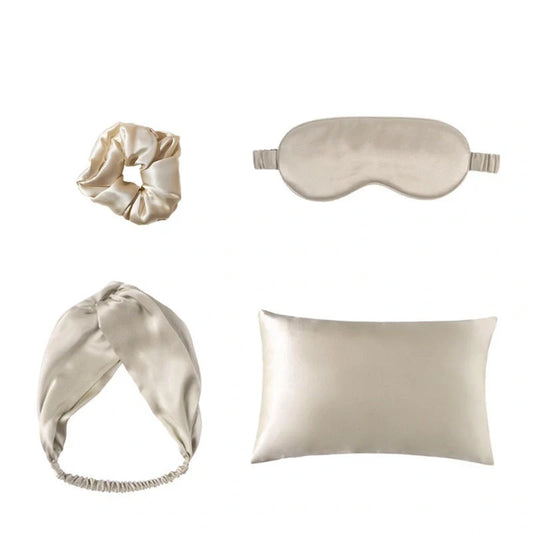 Double-sided silk eye mask set with pillowcase and hair ties in champagne color
