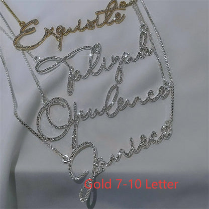Stainless steel name necklace with diamond-studded English letters on adjustable chain in gold, rose gold, or silver