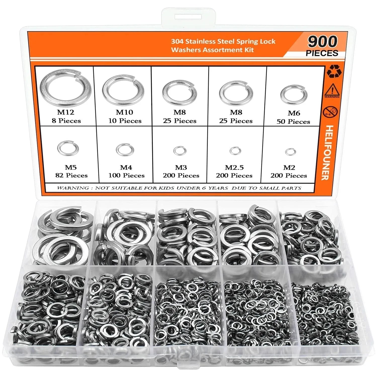 304 stainless steel spring lock washer assortment with 900 pieces in plastic storage container