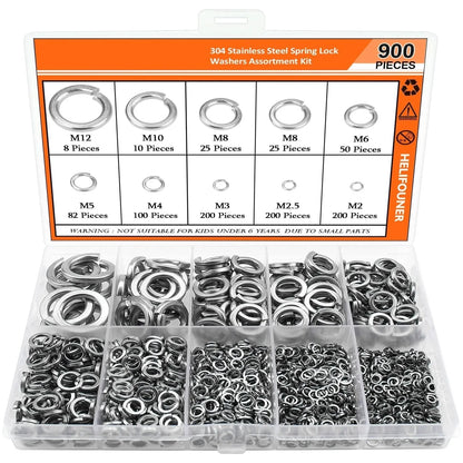 304 stainless steel spring lock washer assortment with 900 pieces in plastic storage container