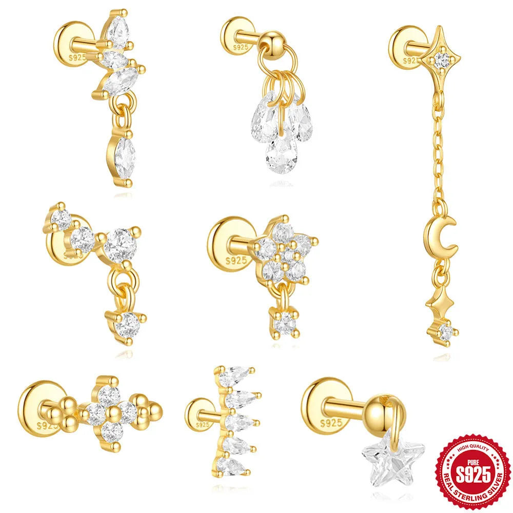 S925 sterling silver moon and star earrings with embedded diamond accents on a geometric design