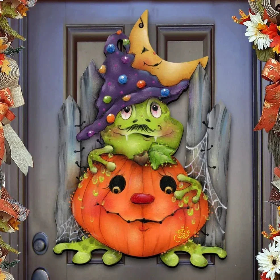 Yellow UV-printed wooden Halloween decoration for home, stable wood base with vibrant colour