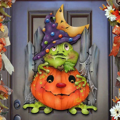 Yellow UV-printed wooden Halloween decoration for home, stable wood base with vibrant colour