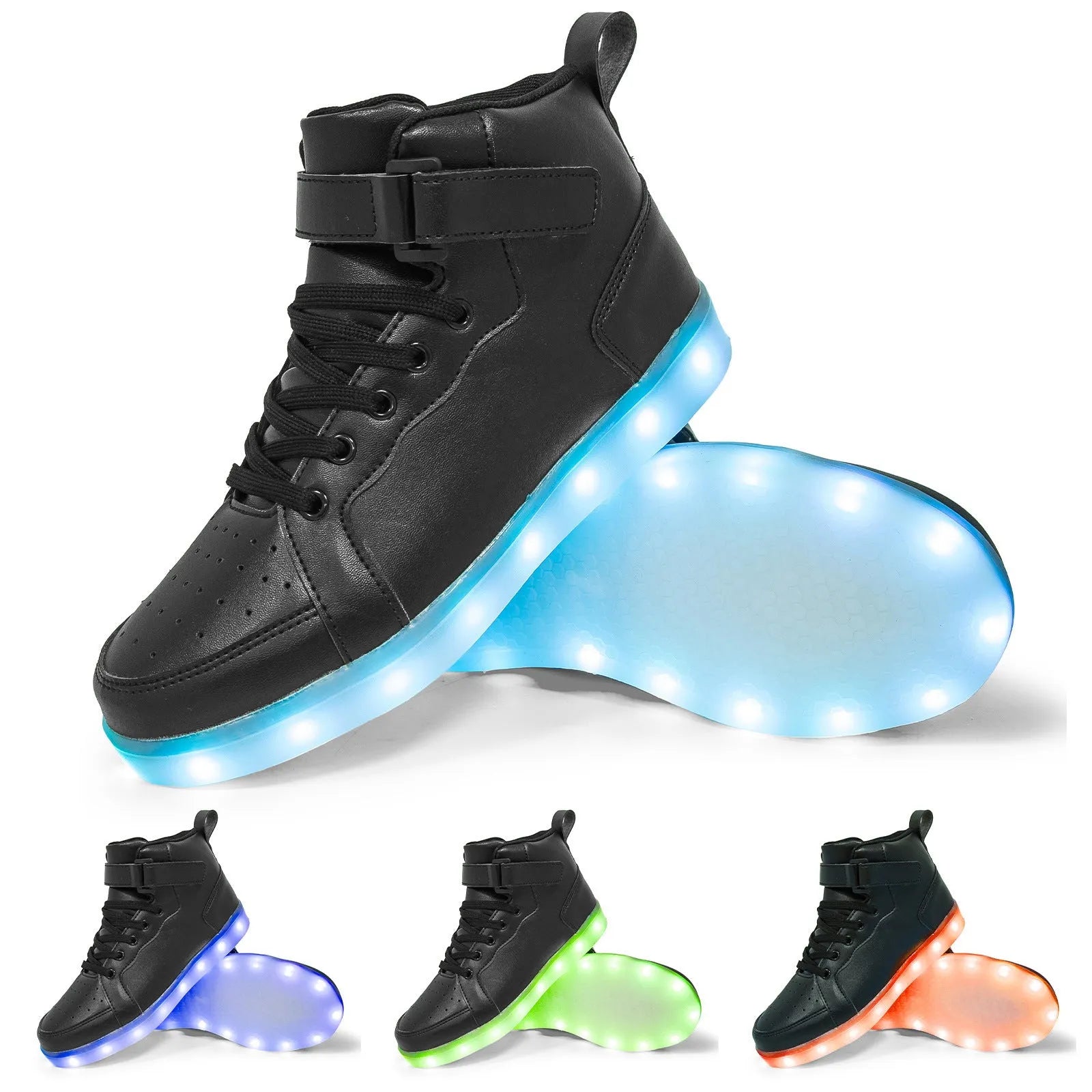 LED light-up high-top sneakers with Velcro strap in multiple colours on a dark background.