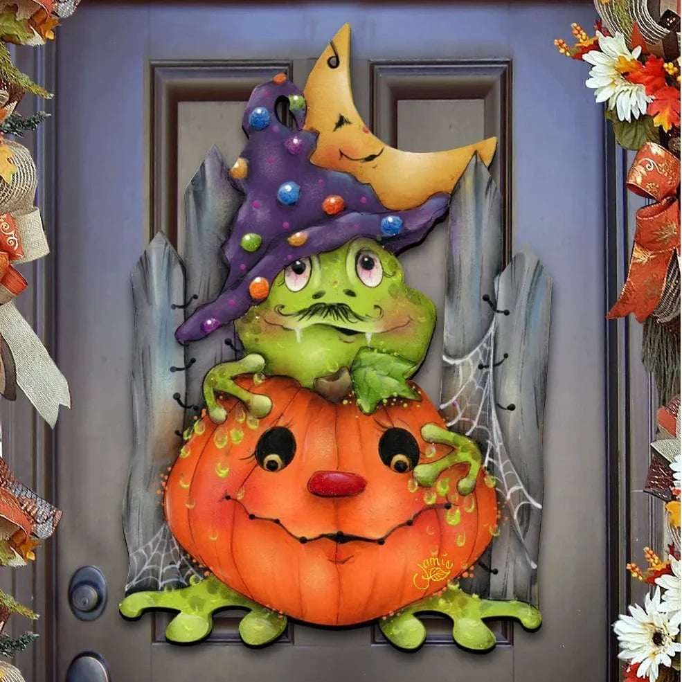 Yellow UV-printed wooden Halloween decoration for home, stable wood base with vibrant colour
