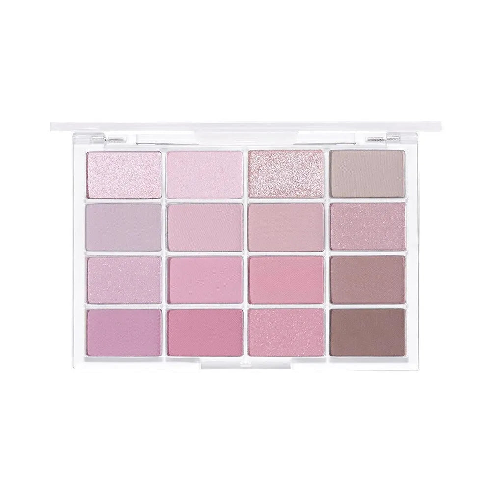 16-colour eye shadow palette showing matte and shimmer powder shades in pink, brown and lavender tones