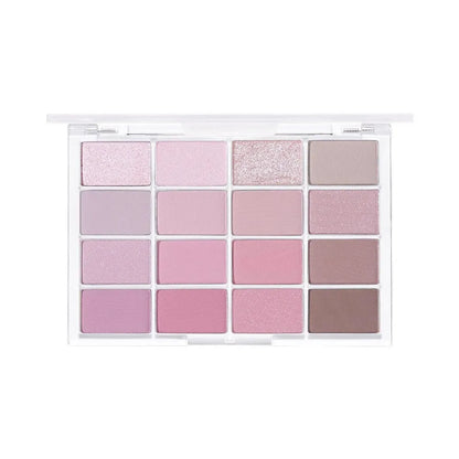16-colour eye shadow palette showing matte and shimmer powder shades in pink, brown and lavender tones
