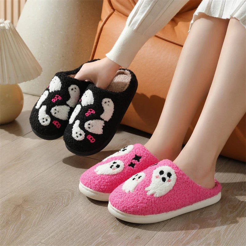 Cozy Halloween ghost slippers for women with soft cotton construction and non-slip rubber soles