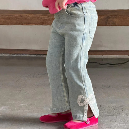 Vintage elastic lace bow bell-bottom pants for children with adjustable hair band belt and 100% cotton denim