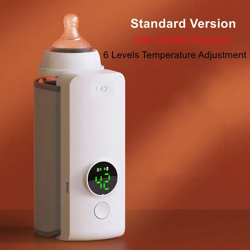 Grey non-woven portable baby bottle warmer with USB charging cable showing wrap-around design for universal bottle fit
