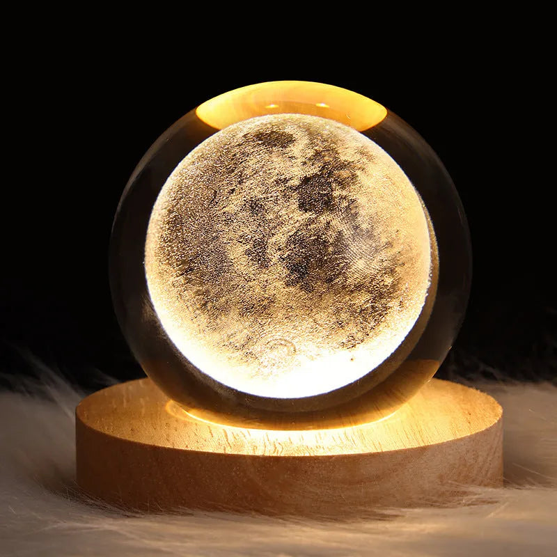 Crystal ball night light projecting 3D starry sky and planets with solid wood base