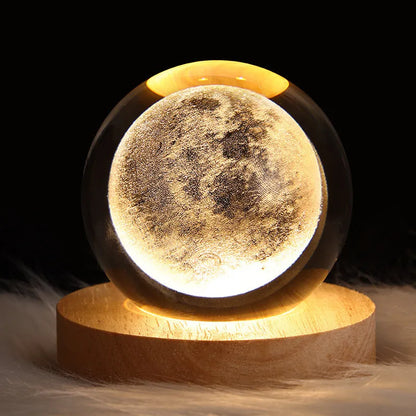 Crystal ball night light projecting 3D starry sky and planets with solid wood base