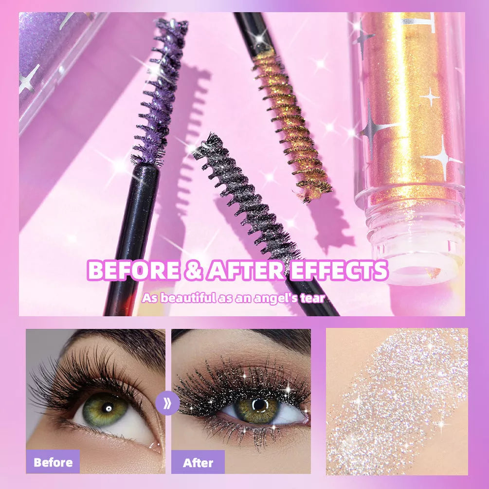 Violet Glitter Lash Mascara in gold, silver, and purple with quick-drying, waterproof formula