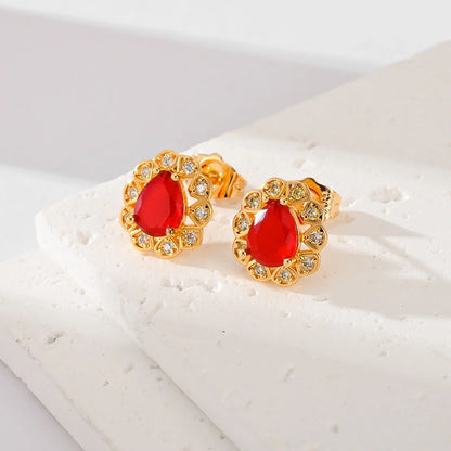 Multi-color zircon stud earrings for women in black, red, green, white, blue, and champagne