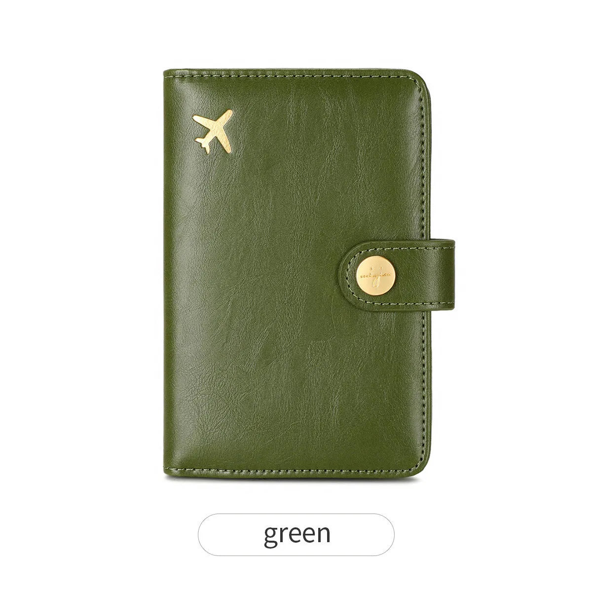 Simple PU leather passport holder in sapphire blue with visible sewing lines, showing card slots and RFID protection.