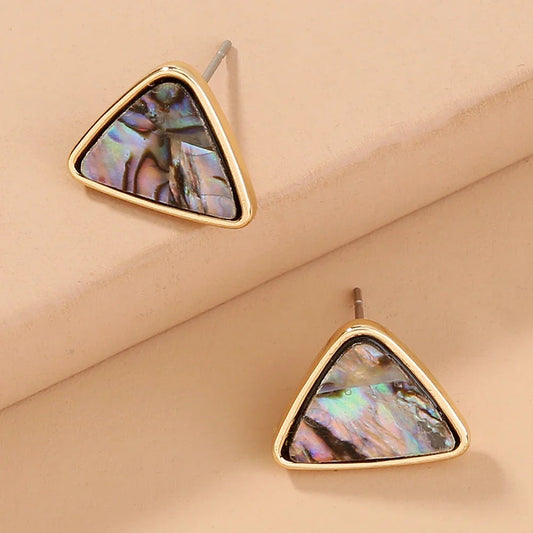 Elegant triangular earrings featuring a striking natural abalone shell inlay that shimmers with a captivating array of colors