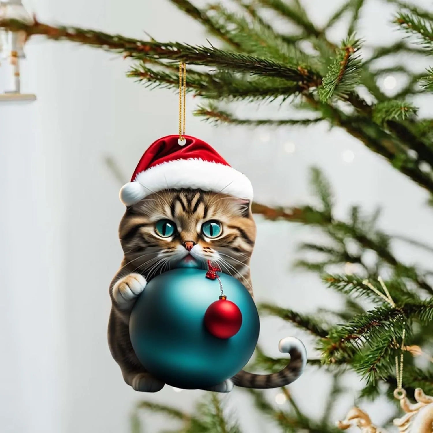 Cartoon style kitty Christmas car hanging ornament made from clear acrylic, shown in one of ten available colour variations.
