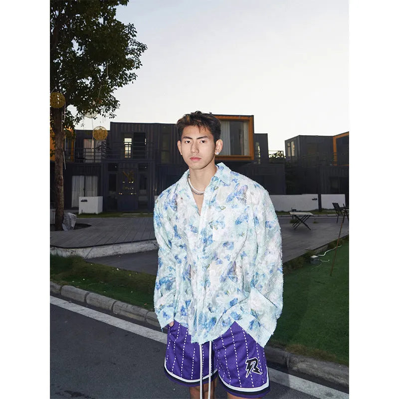 Long-sleeve floral shirt with embossed three-dimensional pattern in pink or blue, loose fit with chemical fibre blend fabric