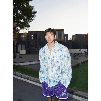 Long-sleeve floral shirt with embossed three-dimensional pattern in pink or blue, loose fit with chemical fibre blend fabric