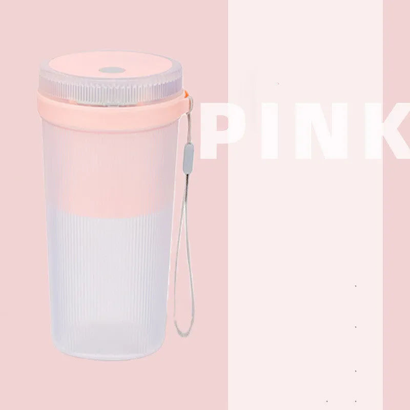 Portable USB rechargeable blender cup in blue, green, or pink with 300ml capacity and detachable blades