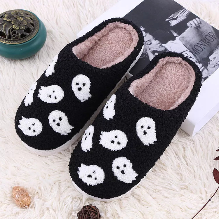 Halloween-themed indoor house shoes with spider ghost design, non-slip sole, and plush lining