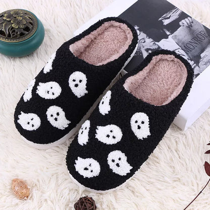 Halloween-themed indoor house shoes with spider ghost design, non-slip sole, and plush lining