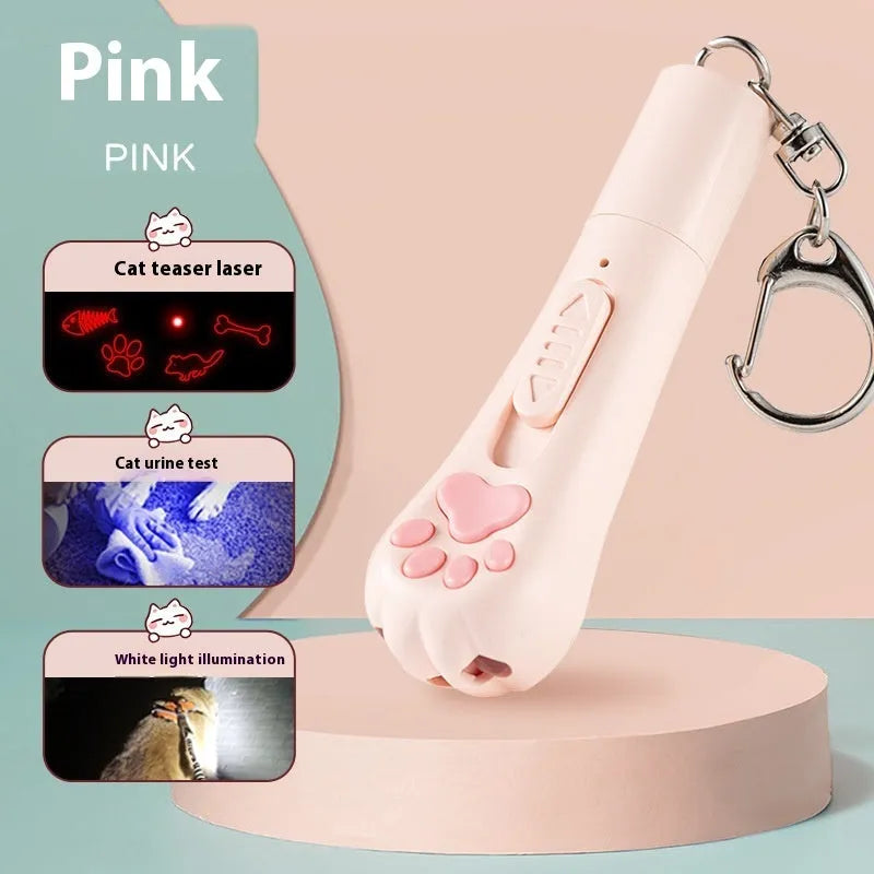 Cat teaser pen light toy with 15cm plastic wand and USB charging cable in cream white colour