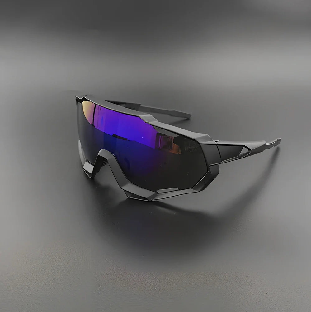 Cycling glasses with interchangeable lenses showing UV400 protection and lightweight frame design