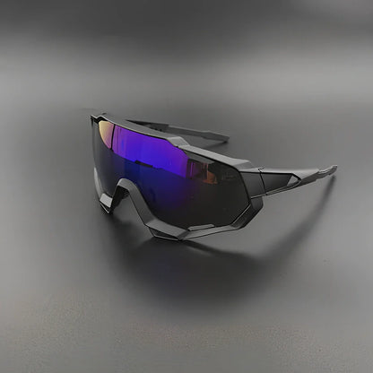 Cycling glasses with interchangeable lenses showing UV400 protection and lightweight frame design