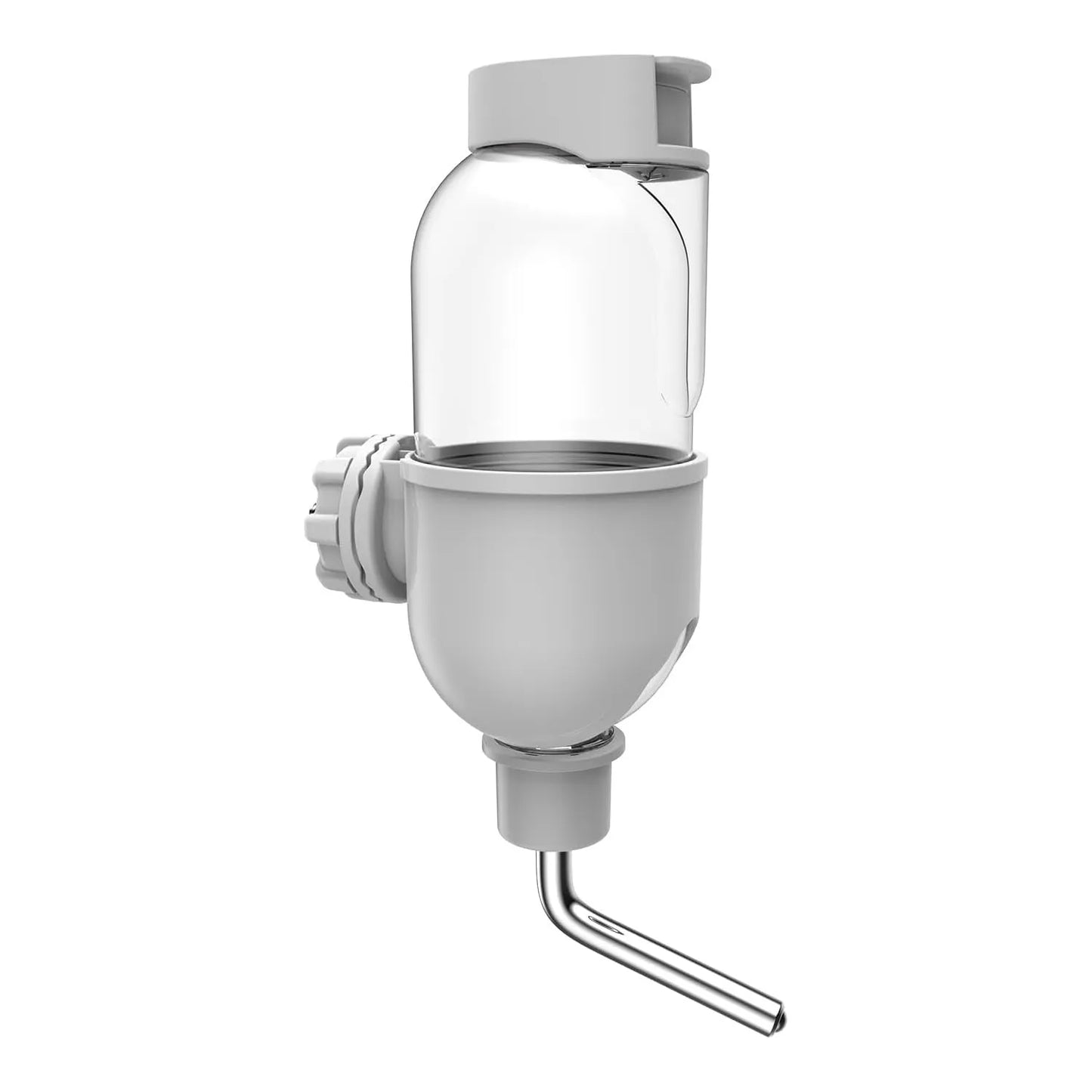 Blue small animal water bottle with rotatable nozzle mounted on a wire cage for a rabbit or guinea pig.